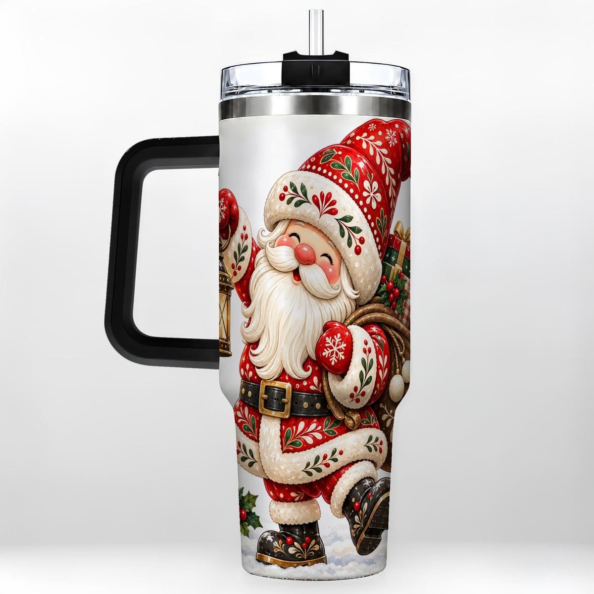 #pl[40oz|Black] Folk Art Santa 40oz Tumbler with Handle, Traditional Christmas Design
