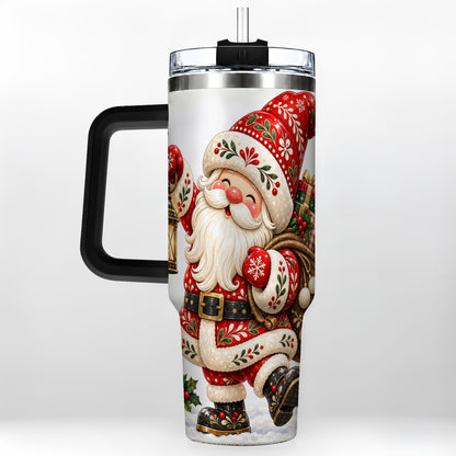 #pl[40oz|Black] Folk Art Santa 40oz Tumbler with Handle, Traditional Christmas Design