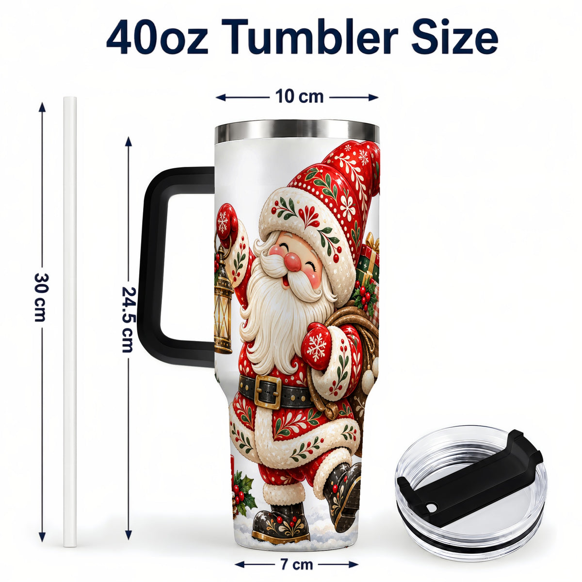 #pl[40oz|Black] Folk Art Santa 40oz Tumbler with Handle, Traditional Christmas Design