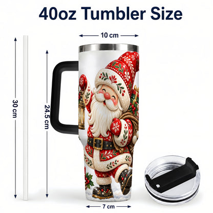#pl[40oz|Black] Folk Art Santa 40oz Tumbler with Handle, Traditional Christmas Design