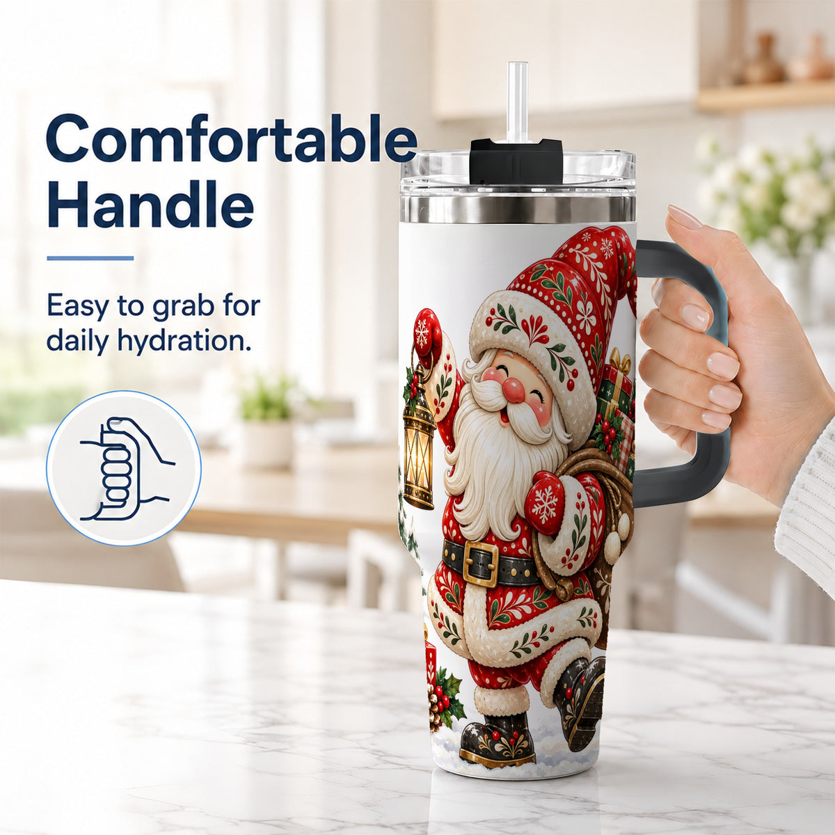 #pl[40oz|Black] Folk Art Santa 40oz Tumbler with Handle, Traditional Christmas Design