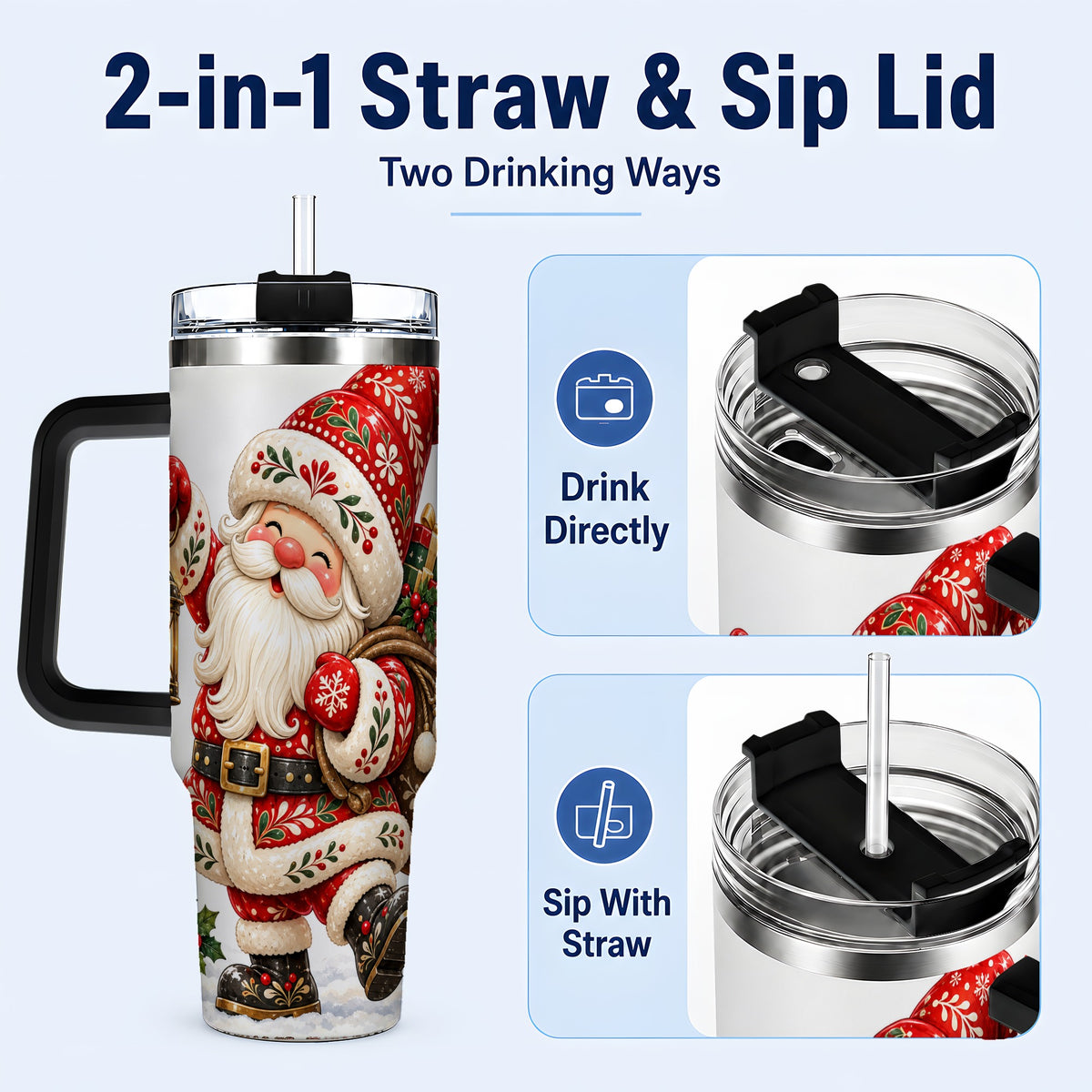 #pl[40oz|Black] Folk Art Santa 40oz Tumbler with Handle, Traditional Christmas Design