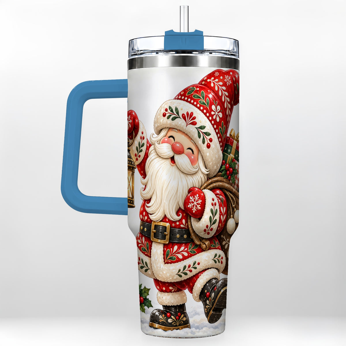 #pl[40oz|Blue] Folk Art Santa 40oz Tumbler with Handle, Traditional Christmas Design