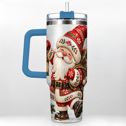 #pl[40oz|Blue] Folk Art Santa 40oz Tumbler with Handle, Traditional Christmas Design