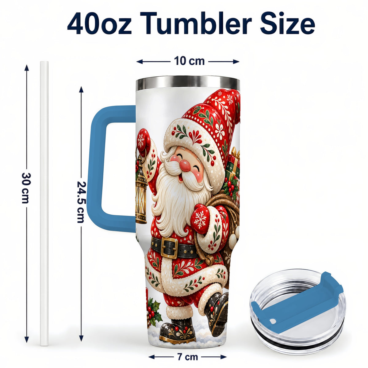 #pl[40oz|Blue] Folk Art Santa 40oz Tumbler with Handle, Traditional Christmas Design
