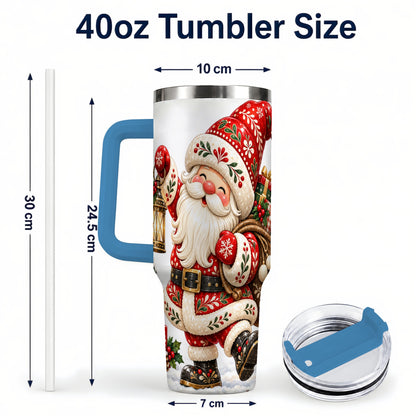 #pl[40oz|Blue] Folk Art Santa 40oz Tumbler with Handle, Traditional Christmas Design