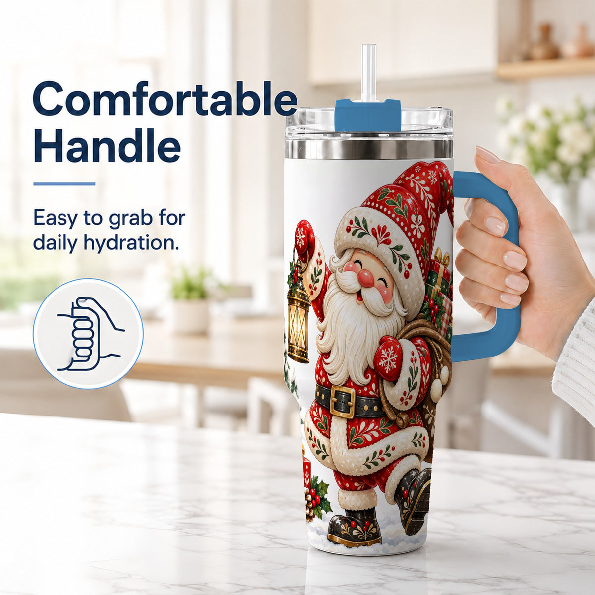 #pl[40oz|Blue] Folk Art Santa 40oz Tumbler with Handle, Traditional Christmas Design