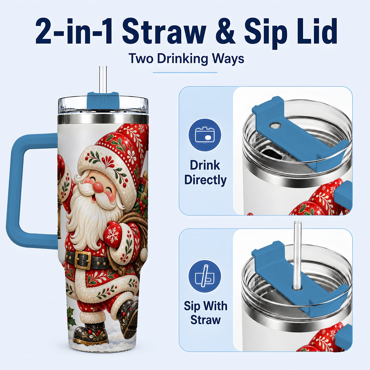 #pl[40oz|Blue] Folk Art Santa 40oz Tumbler with Handle, Traditional Christmas Design
