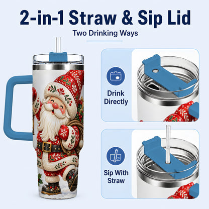 #pl[40oz|Blue] Folk Art Santa 40oz Tumbler with Handle, Traditional Christmas Design