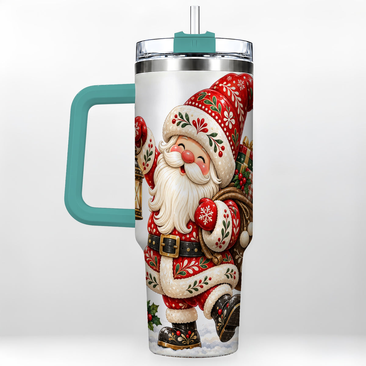 #pl[40oz|Green] Folk Art Santa 40oz Tumbler with Handle, Traditional Christmas Design