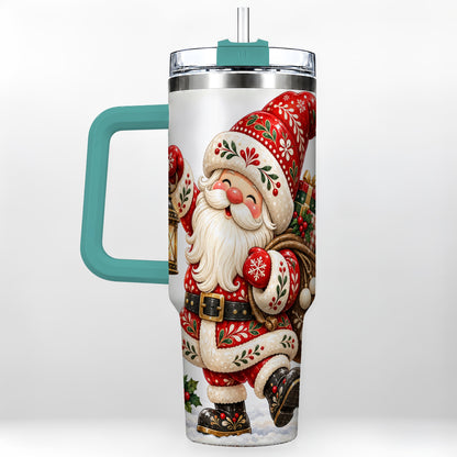 #pl[40oz|Green] Folk Art Santa 40oz Tumbler with Handle, Traditional Christmas Design