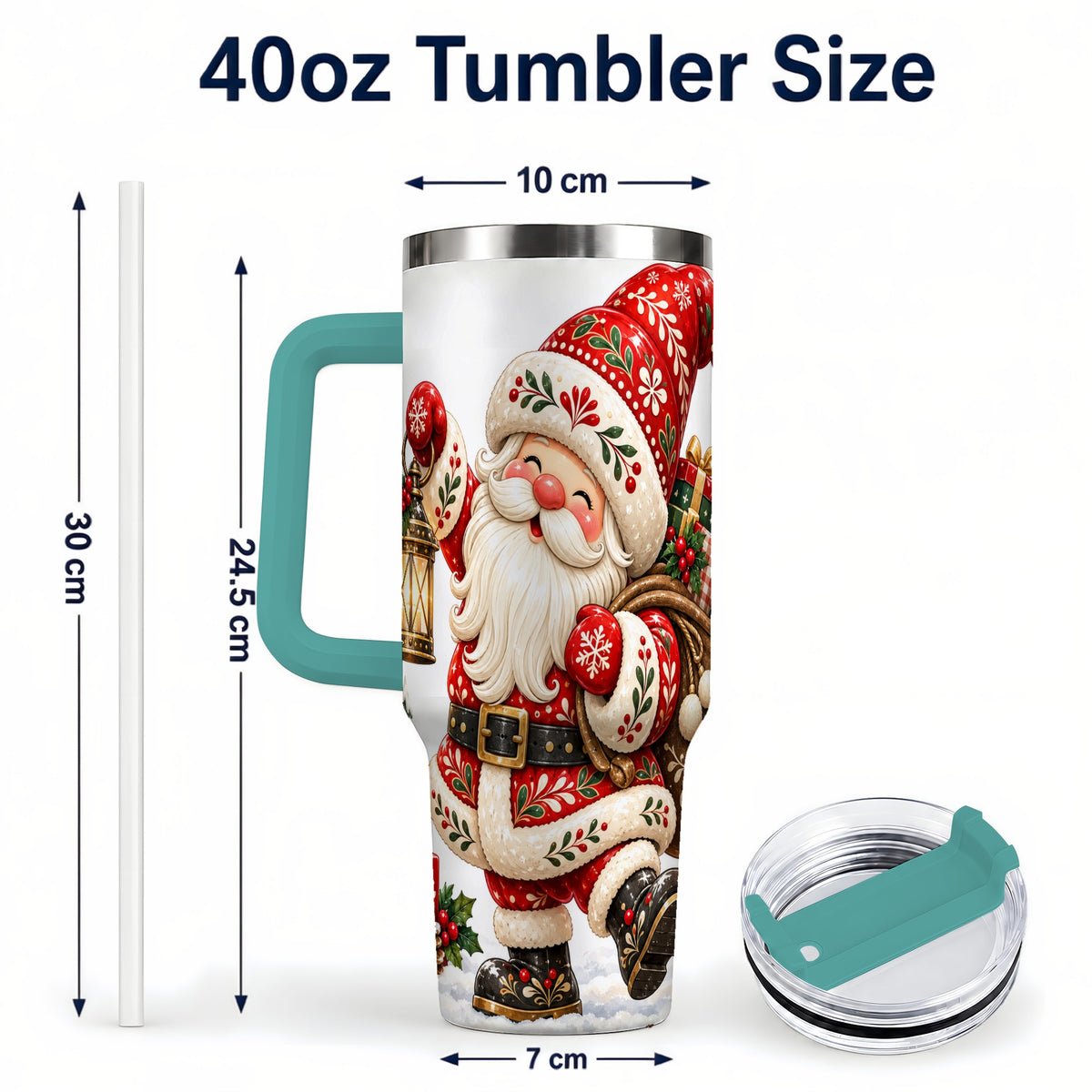 #pl[40oz|Green] Folk Art Santa 40oz Tumbler with Handle, Traditional Christmas Design