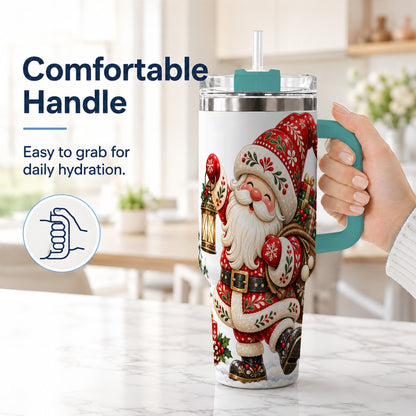 #pl[40oz|Green] Folk Art Santa 40oz Tumbler with Handle, Traditional Christmas Design