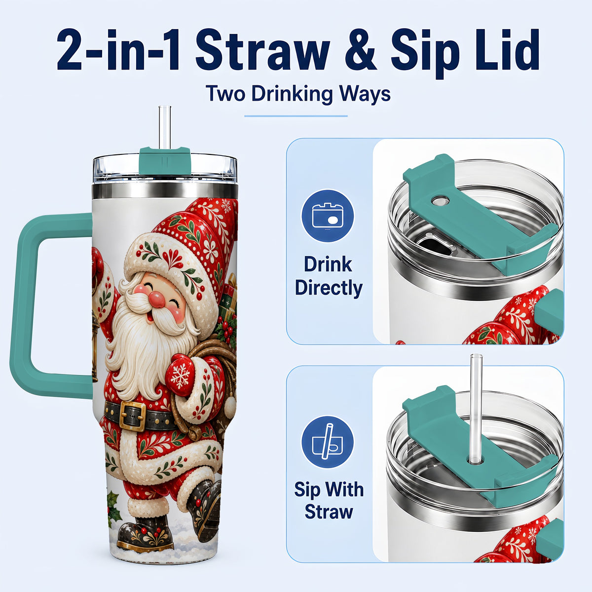 #pl[40oz|Green] Folk Art Santa 40oz Tumbler with Handle, Traditional Christmas Design