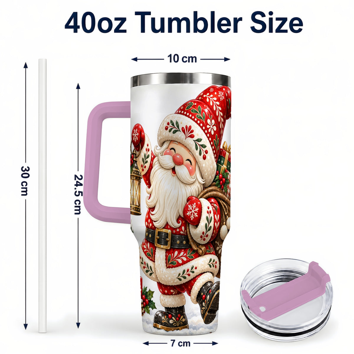 #pl[40oz|Pink] Folk Art Santa 40oz Tumbler with Handle, Traditional Christmas Design