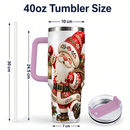 #pl[40oz|Pink] Folk Art Santa 40oz Tumbler with Handle, Traditional Christmas Design