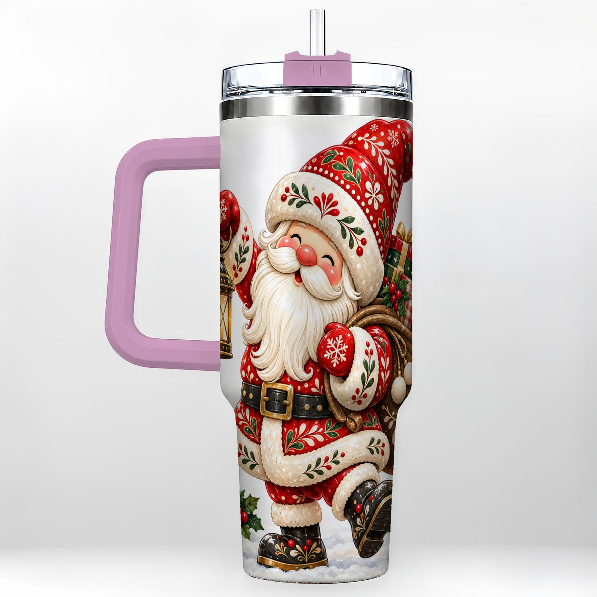 #pl[40oz|Pink] Folk Art Santa 40oz Tumbler with Handle, Traditional Christmas Design