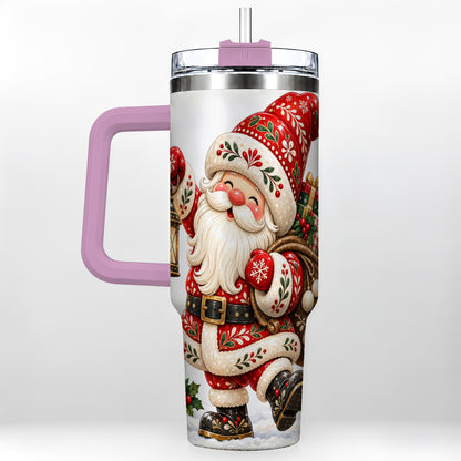 #pl[40oz|Pink] Folk Art Santa 40oz Tumbler with Handle, Traditional Christmas Design