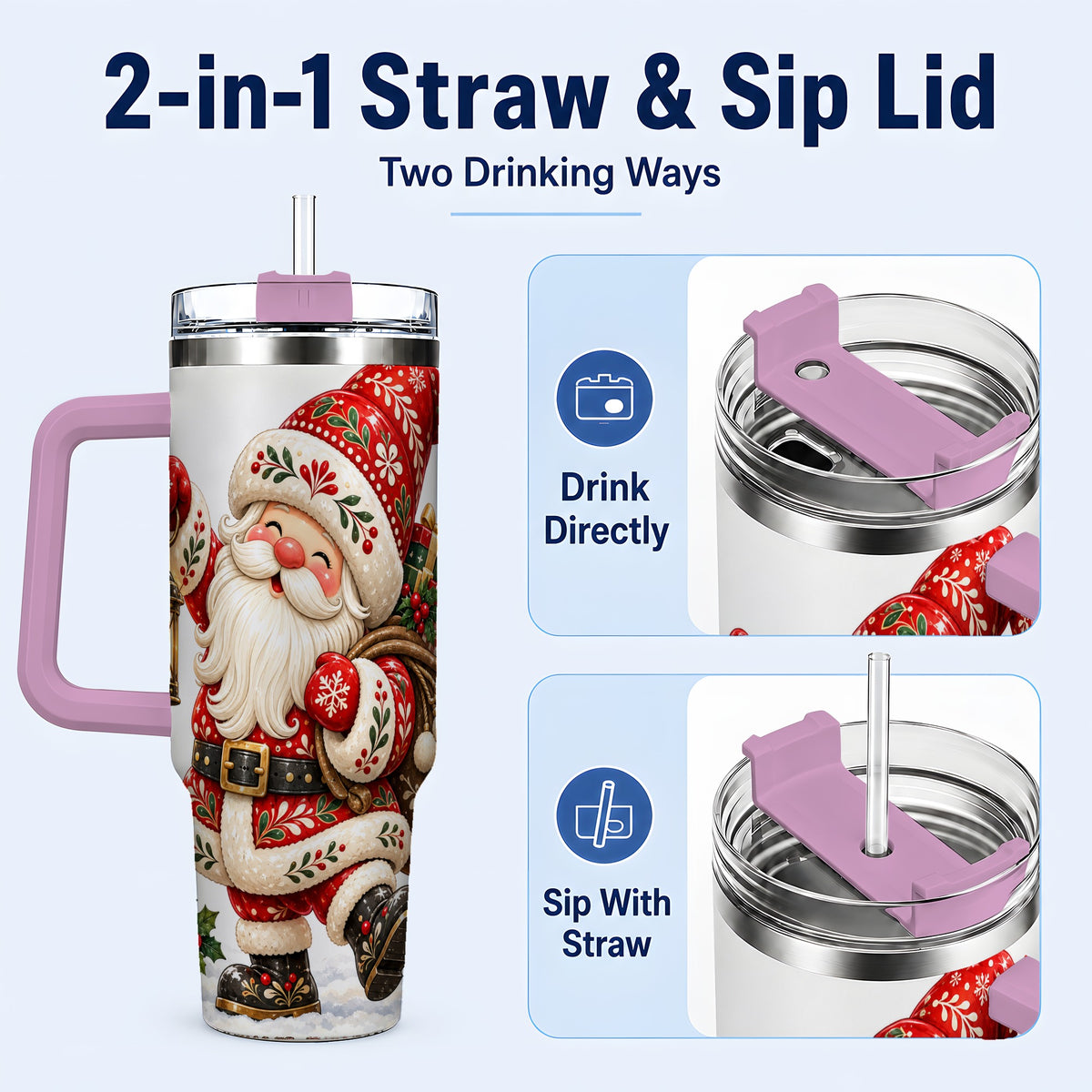 #pl[40oz|Pink] Folk Art Santa 40oz Tumbler with Handle, Traditional Christmas Design