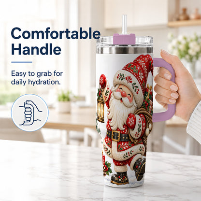 #pl[40oz|Pink] Folk Art Santa 40oz Tumbler with Handle, Traditional Christmas Design