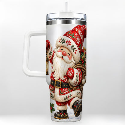 Folk Art Santa 40oz Tumbler with Handle, Traditional Christmas Design