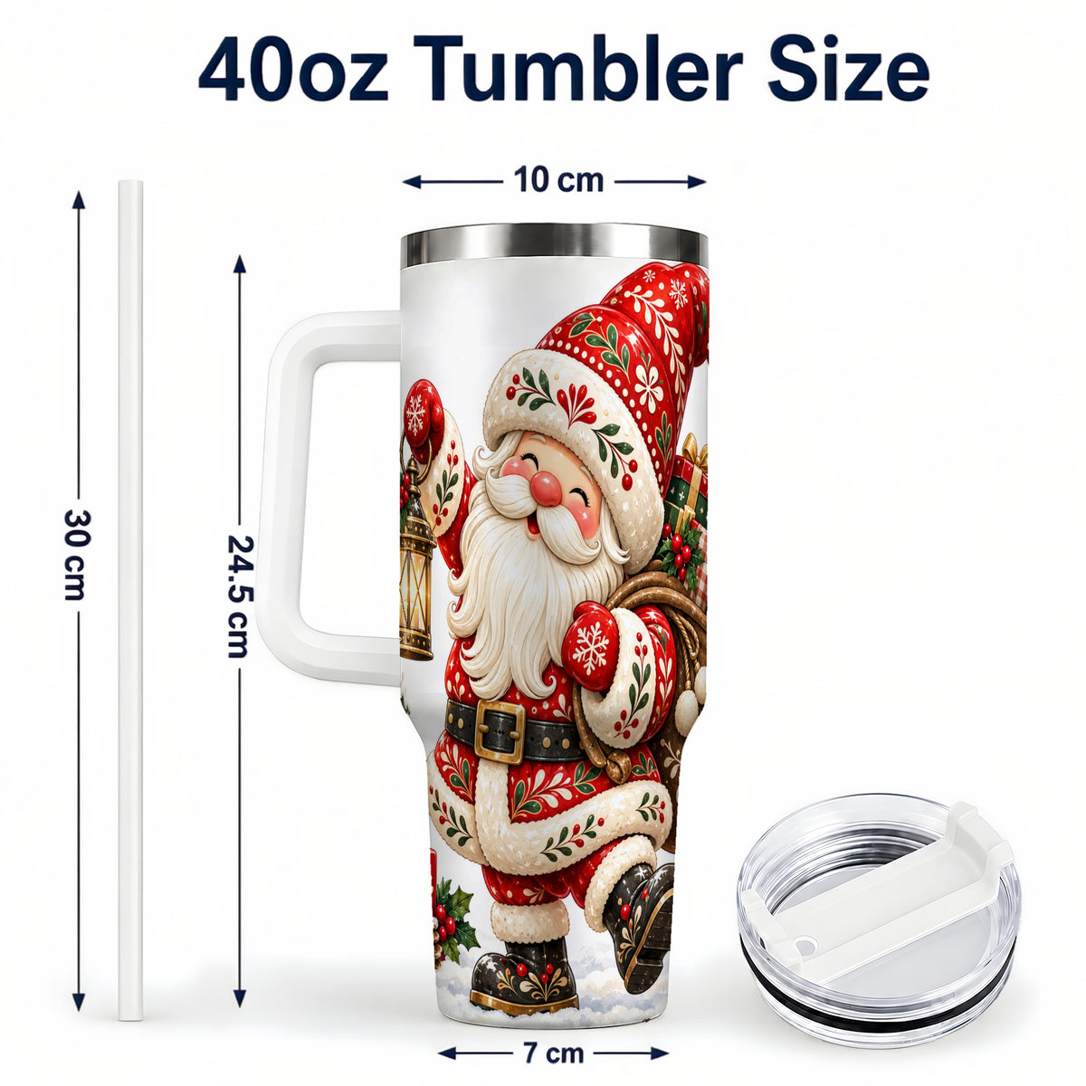 #pl[40oz|White] Folk Art Santa 40oz Tumbler with Handle, Traditional Christmas Design