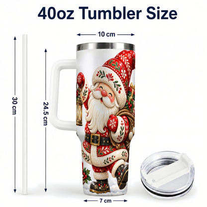 #pl[40oz|White] Folk Art Santa 40oz Tumbler with Handle, Traditional Christmas Design