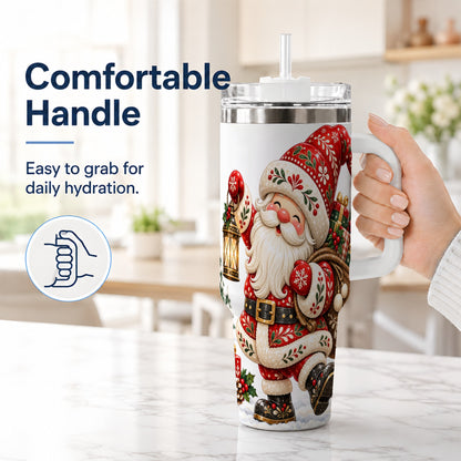 #pl[40oz|White] Folk Art Santa 40oz Tumbler with Handle, Traditional Christmas Design