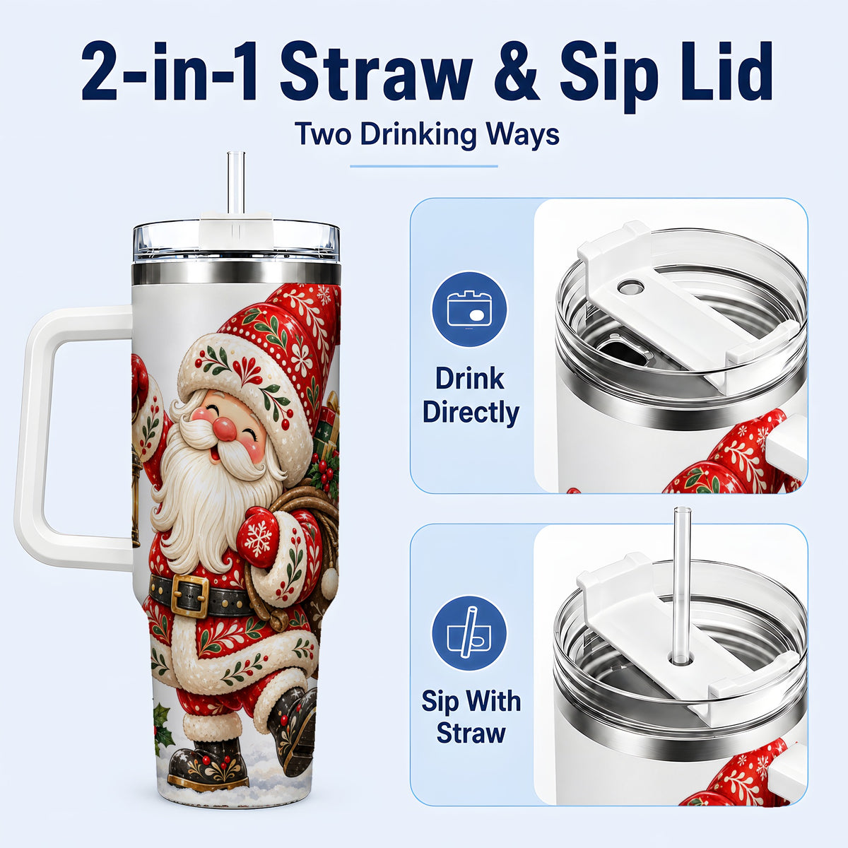 #pl[40oz|White] Folk Art Santa 40oz Tumbler with Handle, Traditional Christmas Design