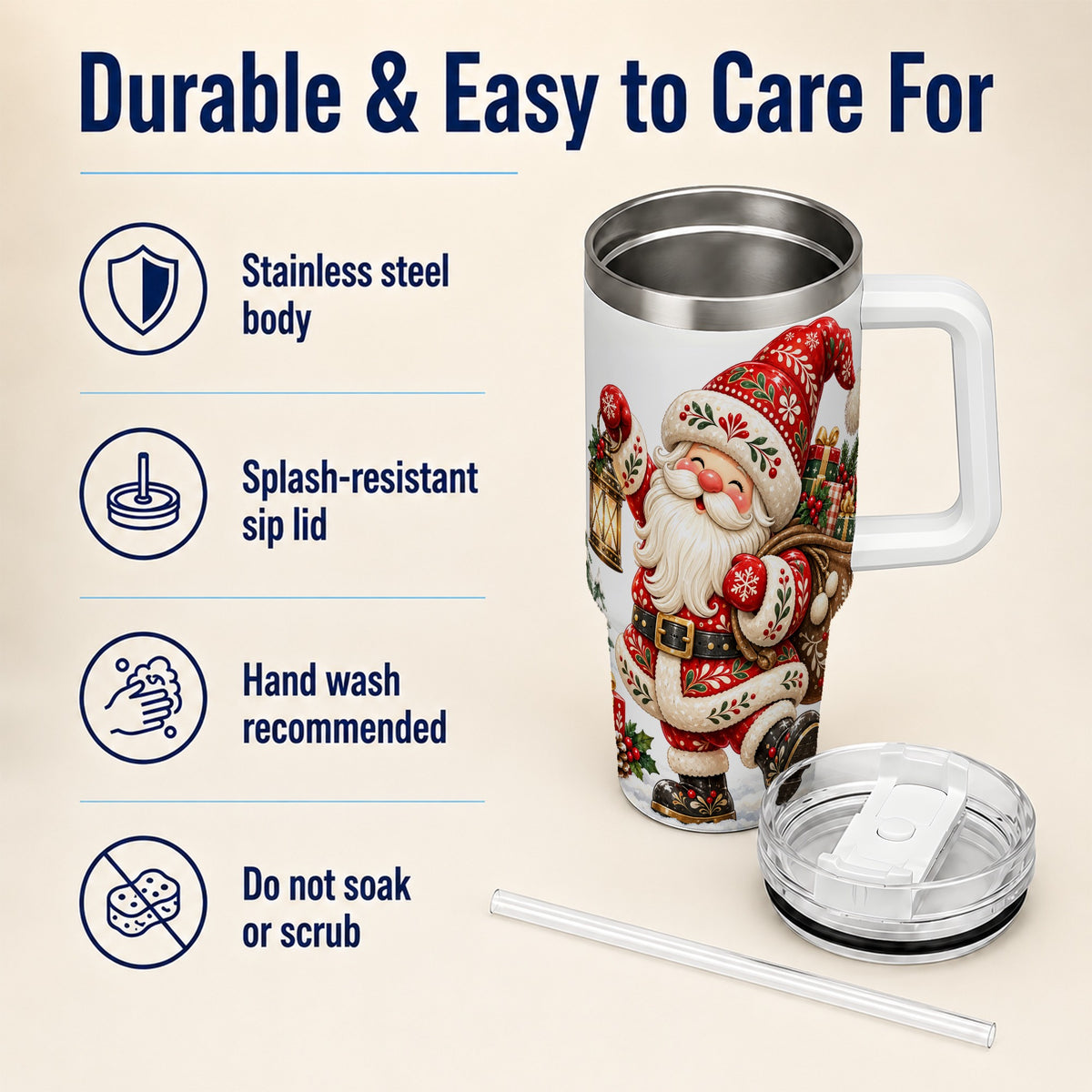 Folk Art Santa 40oz Tumbler with Handle, Traditional Christmas Design