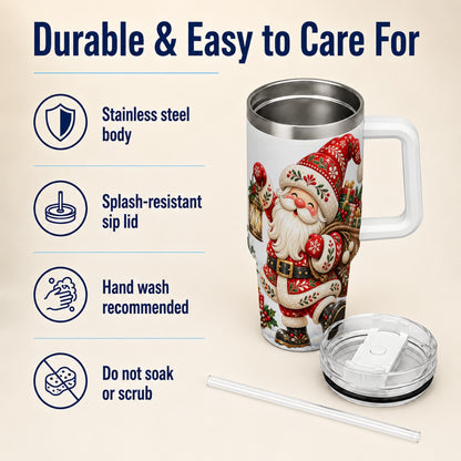 Folk Art Santa 40oz Tumbler with Handle, Traditional Christmas Design