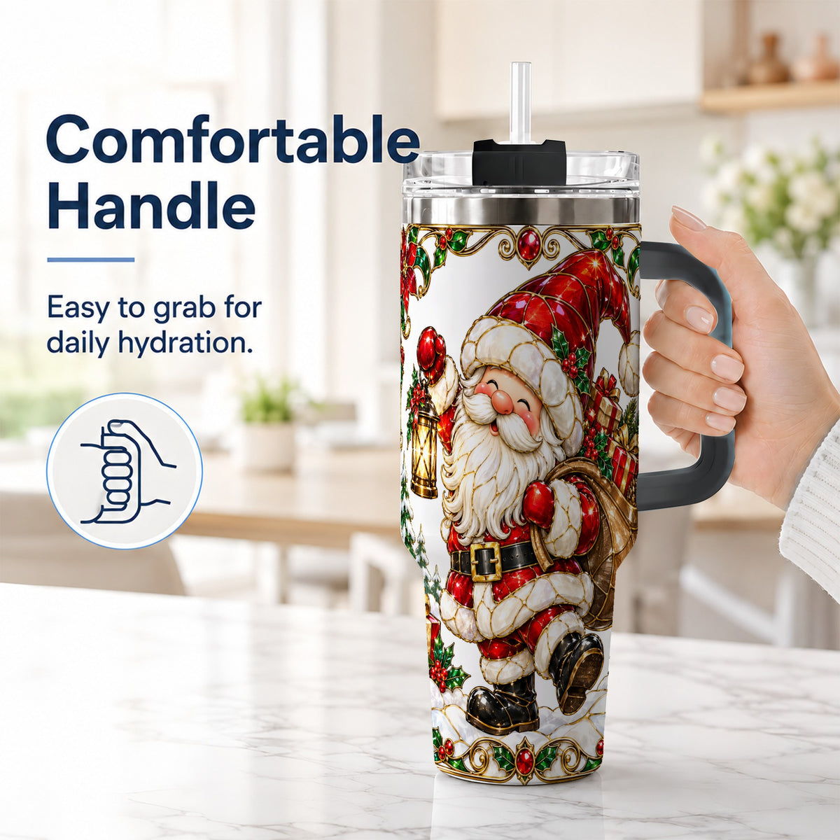 #pl[40oz|Black] Santa Claus 40oz Tumbler with Handle, Christmas Stainless Steel Cup