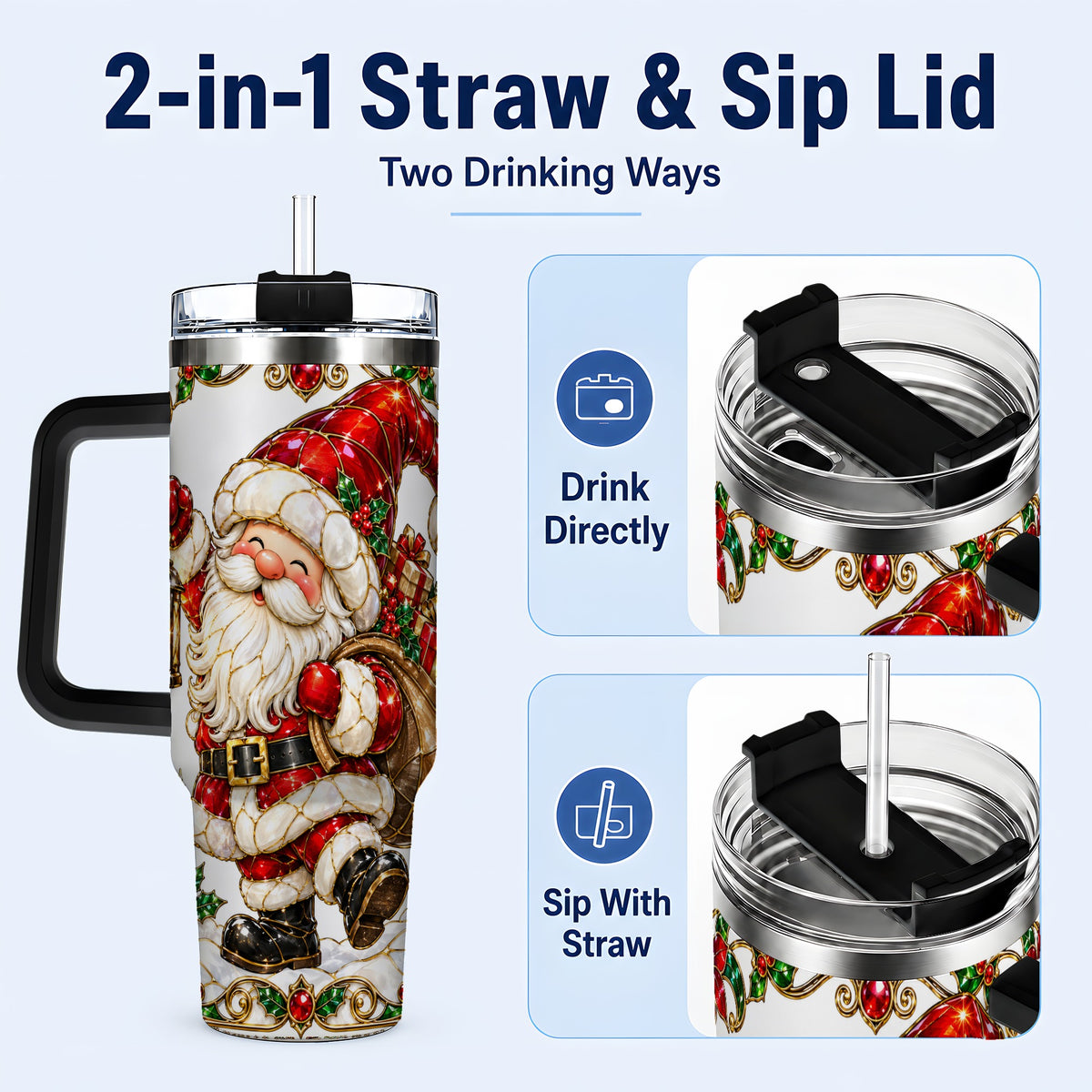 #pl[40oz|Black] Santa Claus 40oz Tumbler with Handle, Christmas Stainless Steel Cup