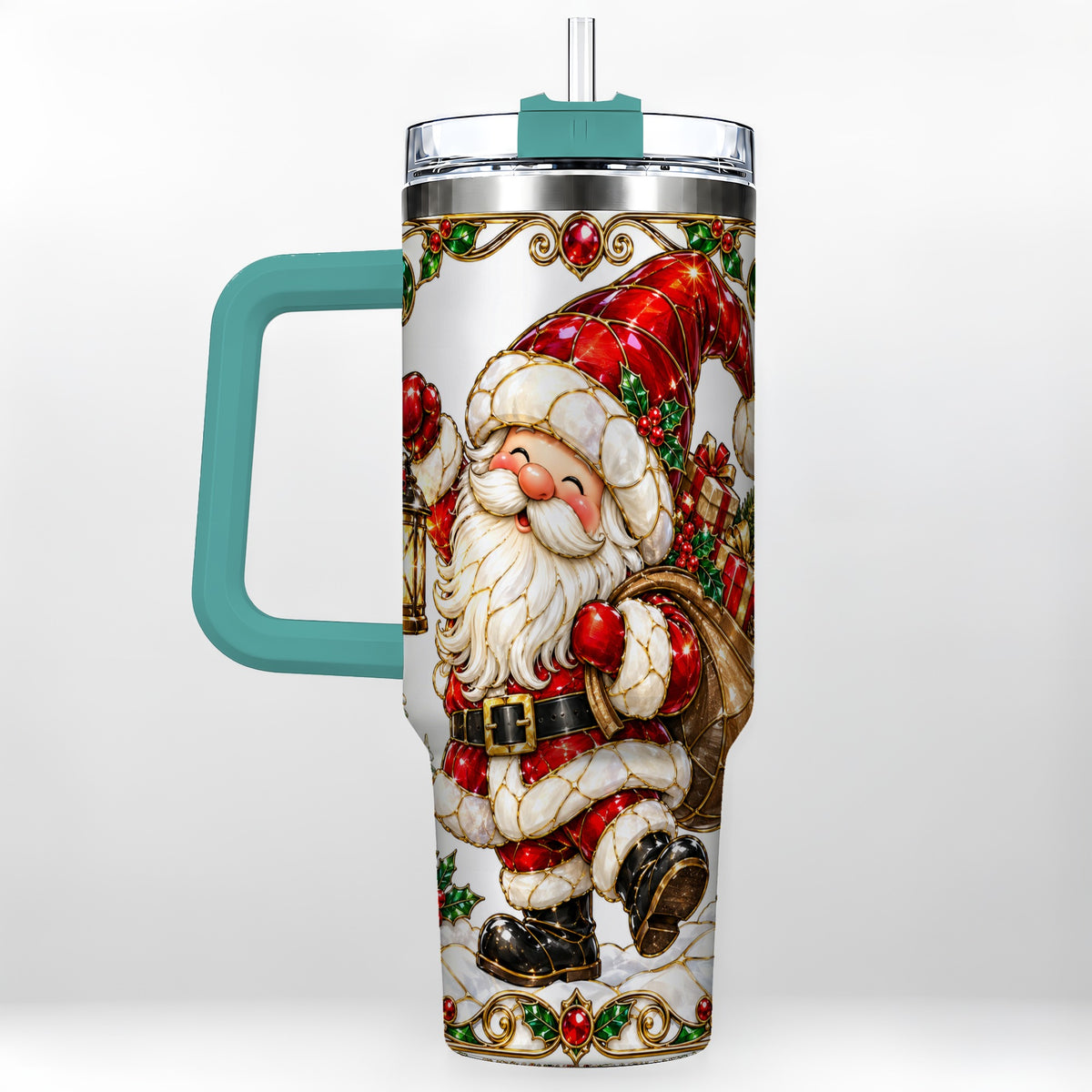 #pl[40oz|Green] Santa Claus 40oz Tumbler with Handle, Christmas Stainless Steel Cup