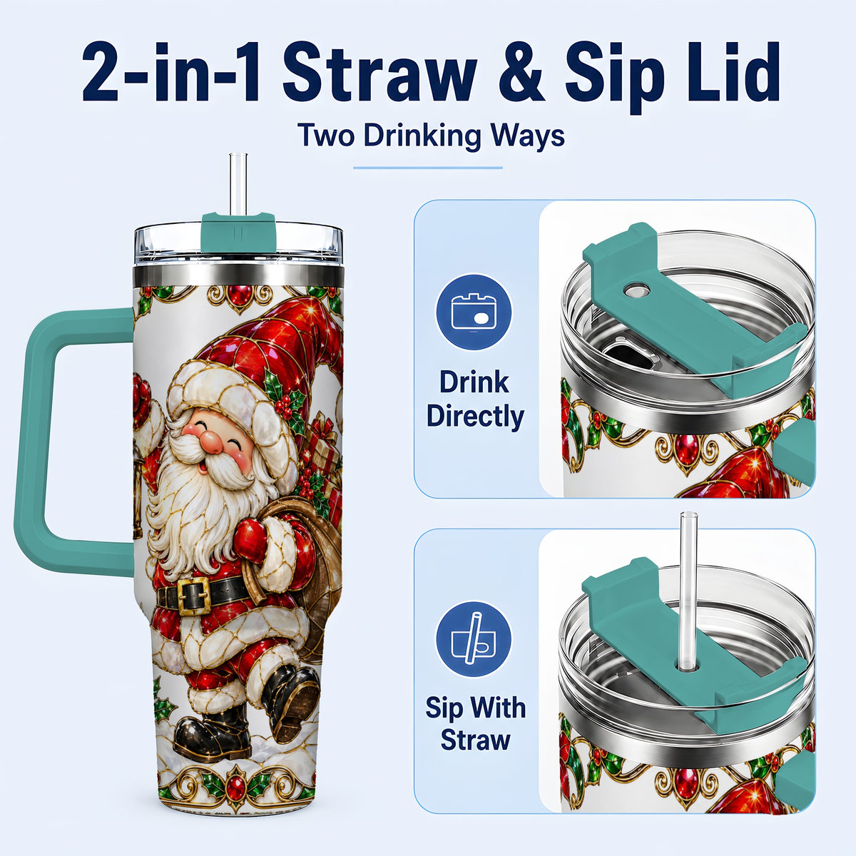 #pl[40oz|Green] Santa Claus 40oz Tumbler with Handle, Christmas Stainless Steel Cup