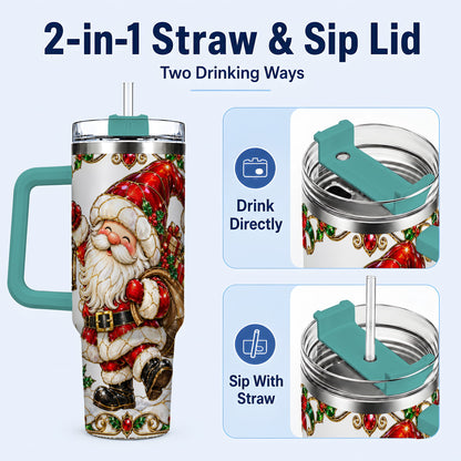 #pl[40oz|Green] Santa Claus 40oz Tumbler with Handle, Christmas Stainless Steel Cup
