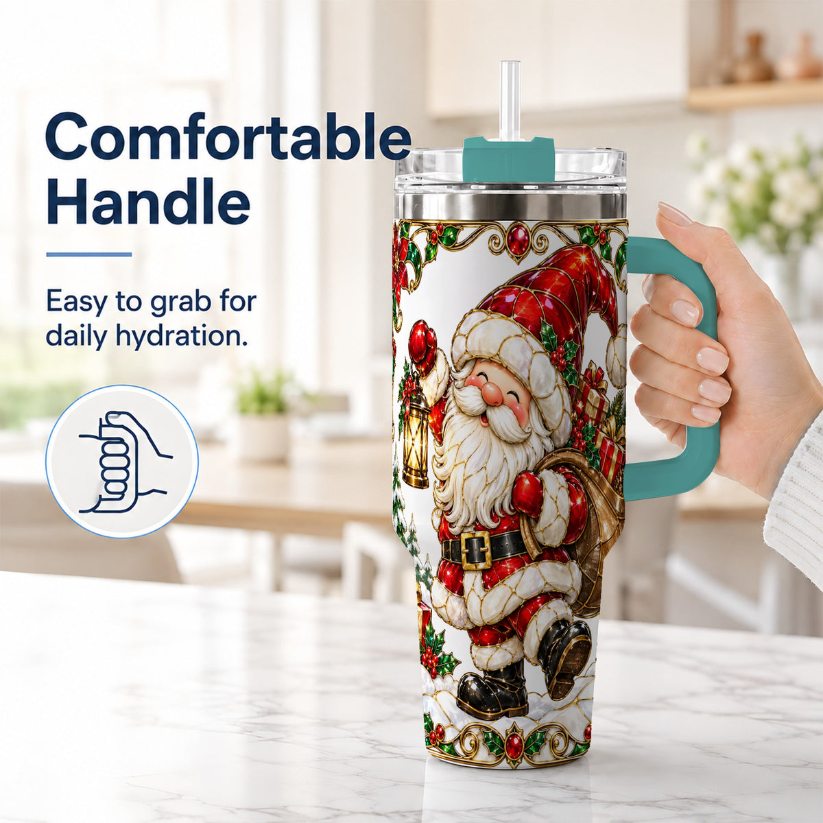 #pl[40oz|Green] Santa Claus 40oz Tumbler with Handle, Christmas Stainless Steel Cup