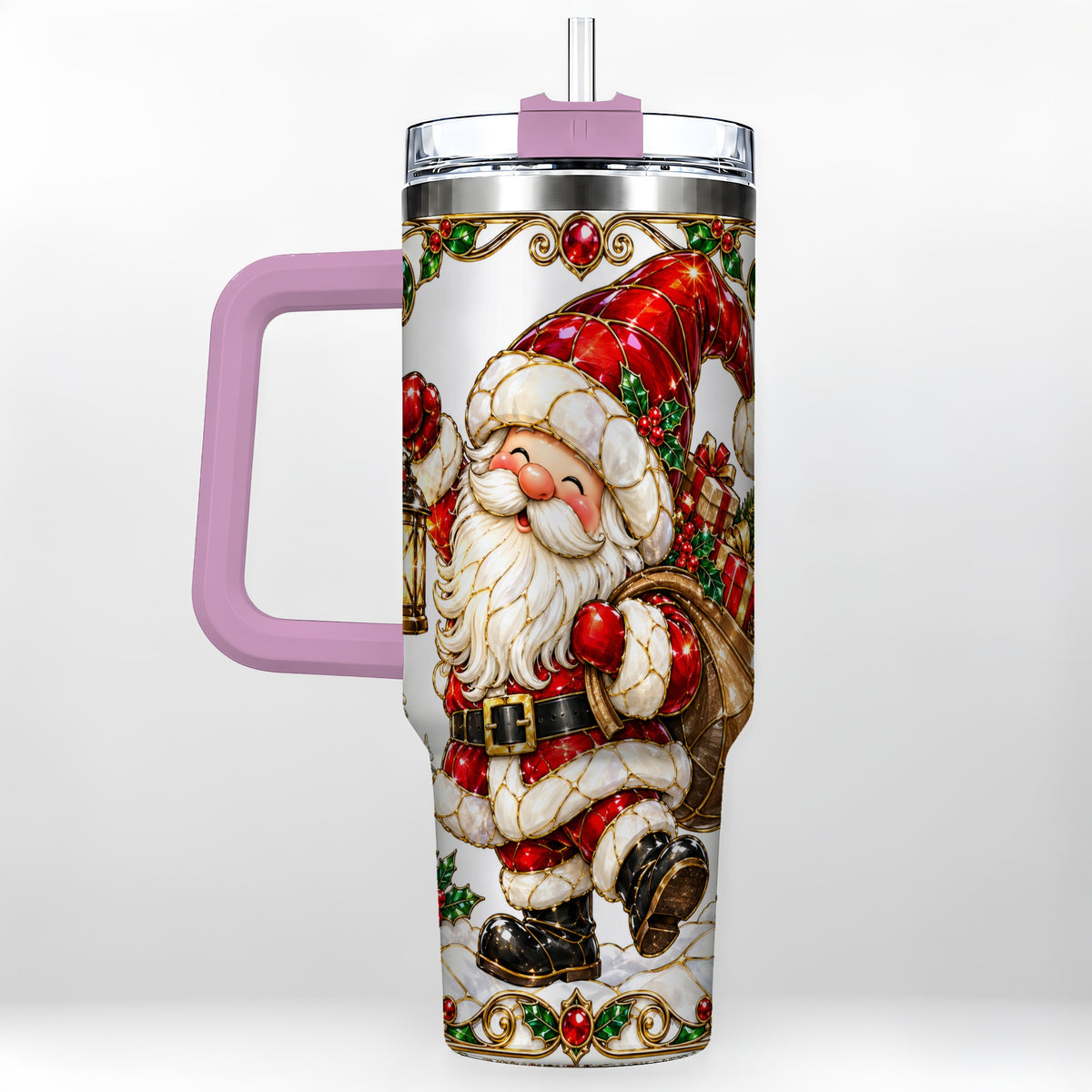 #pl[40oz|Pink] Santa Claus 40oz Tumbler with Handle, Christmas Stainless Steel Cup