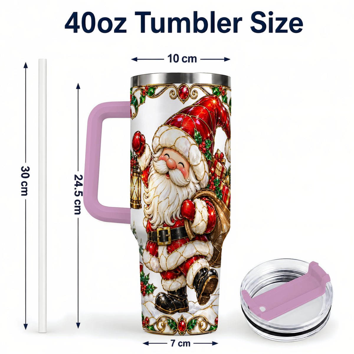 #pl[40oz|Pink] Santa Claus 40oz Tumbler with Handle, Christmas Stainless Steel Cup