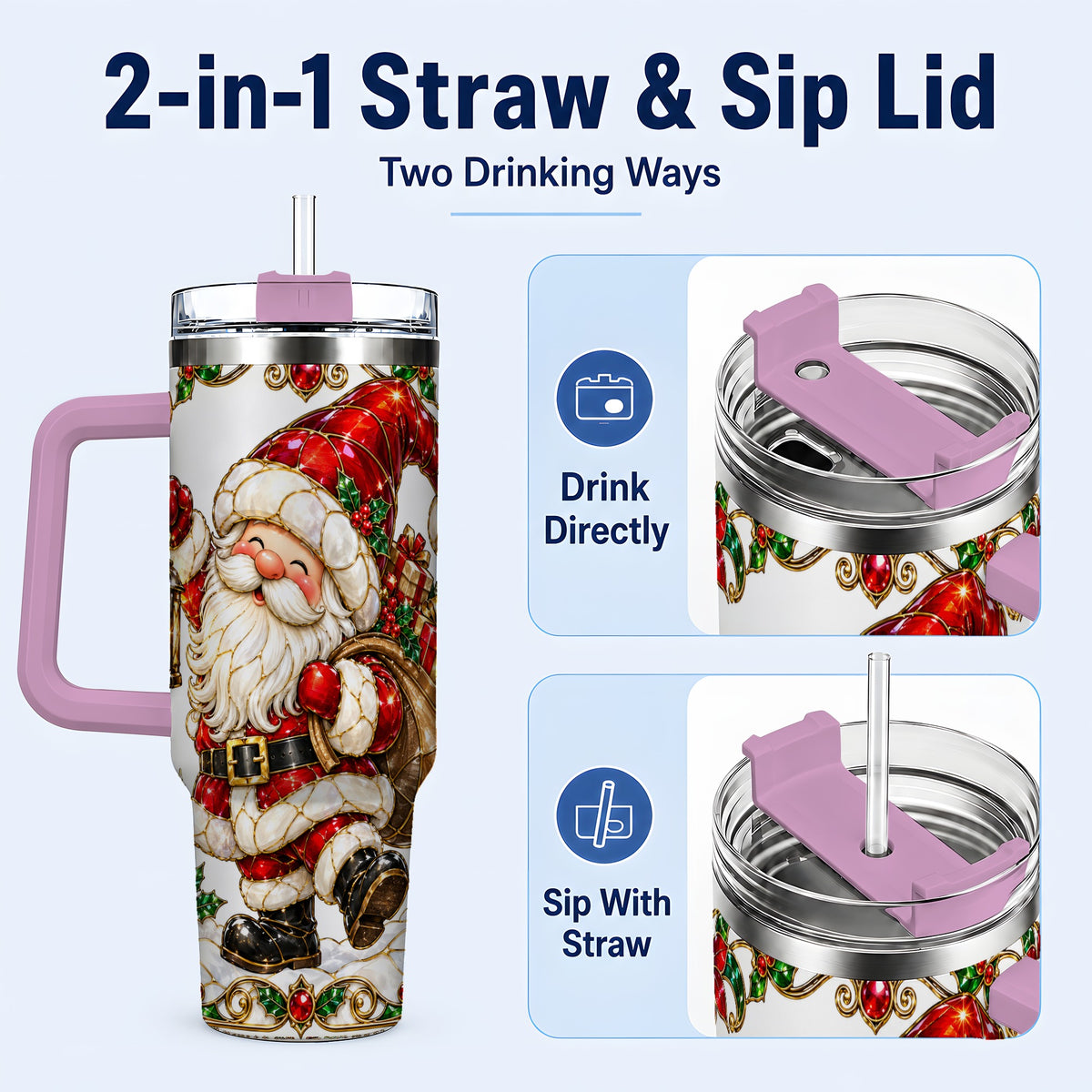#pl[40oz|Pink] Santa Claus 40oz Tumbler with Handle, Christmas Stainless Steel Cup