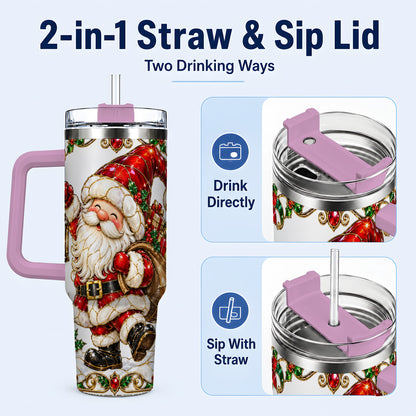 #pl[40oz|Pink] Santa Claus 40oz Tumbler with Handle, Christmas Stainless Steel Cup
