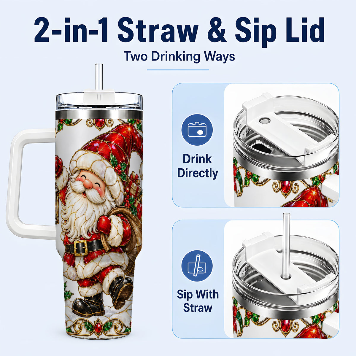 #pl[40oz|White] Santa Claus 40oz Tumbler with Handle, Christmas Stainless Steel Cup
