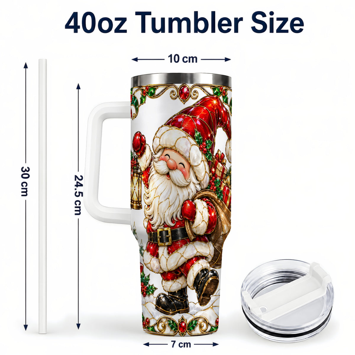 #pl[40oz|White] Santa Claus 40oz Tumbler with Handle, Christmas Stainless Steel Cup
