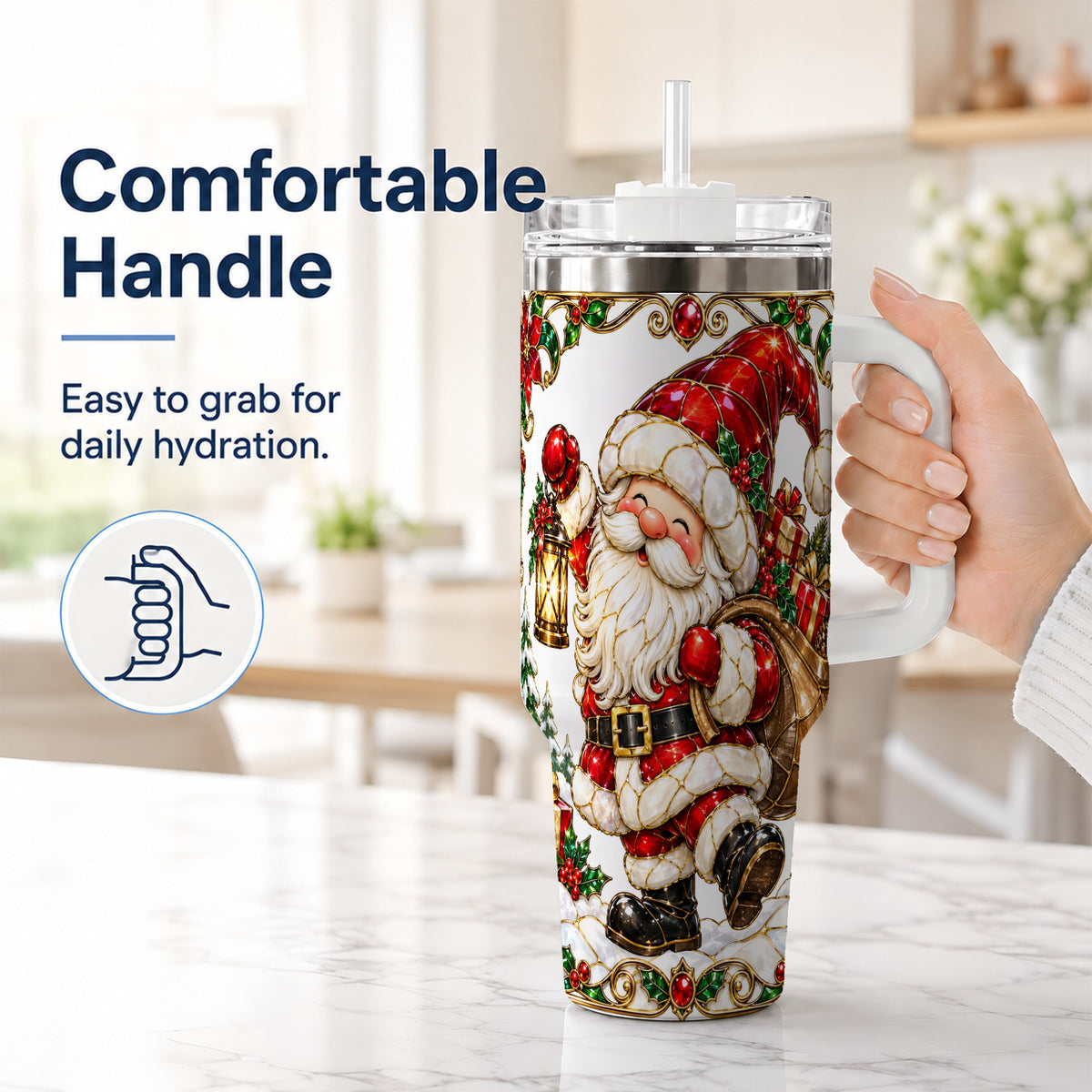 #pl[40oz|White] Santa Claus 40oz Tumbler with Handle, Christmas Stainless Steel Cup