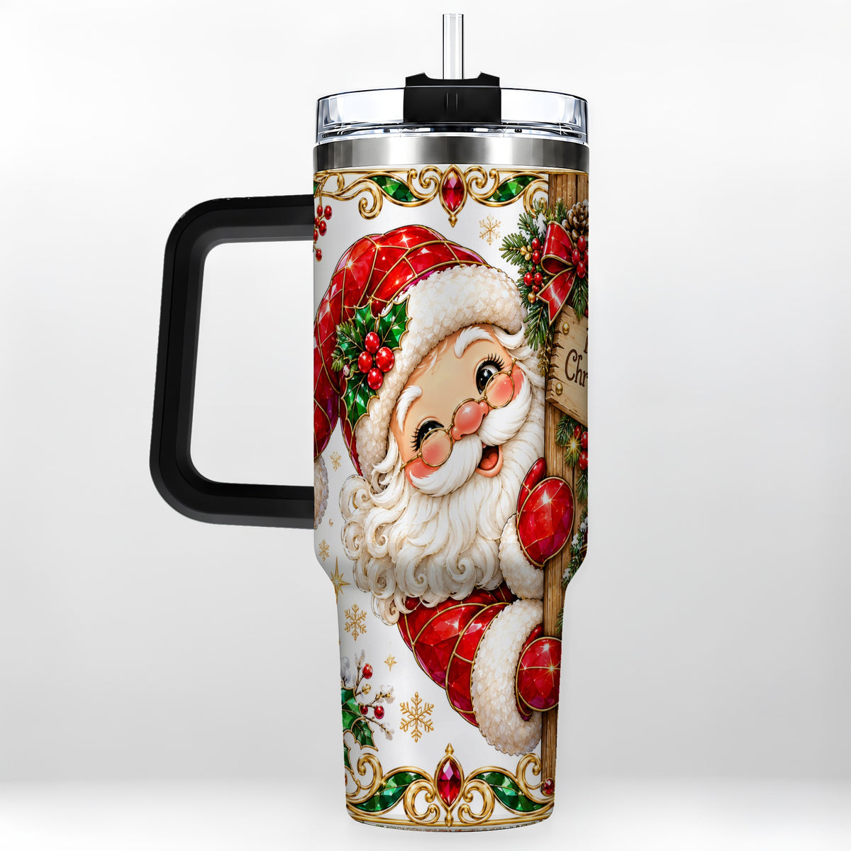 #pl[40oz|Black] Peeking Santa 40oz Tumbler with Handle, Christmas Stainless Steel Cup