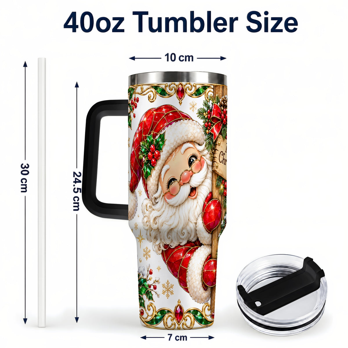 #pl[40oz|Black] Peeking Santa 40oz Tumbler with Handle, Christmas Stainless Steel Cup