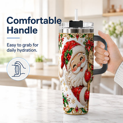 #pl[40oz|Black] Peeking Santa 40oz Tumbler with Handle, Christmas Stainless Steel Cup