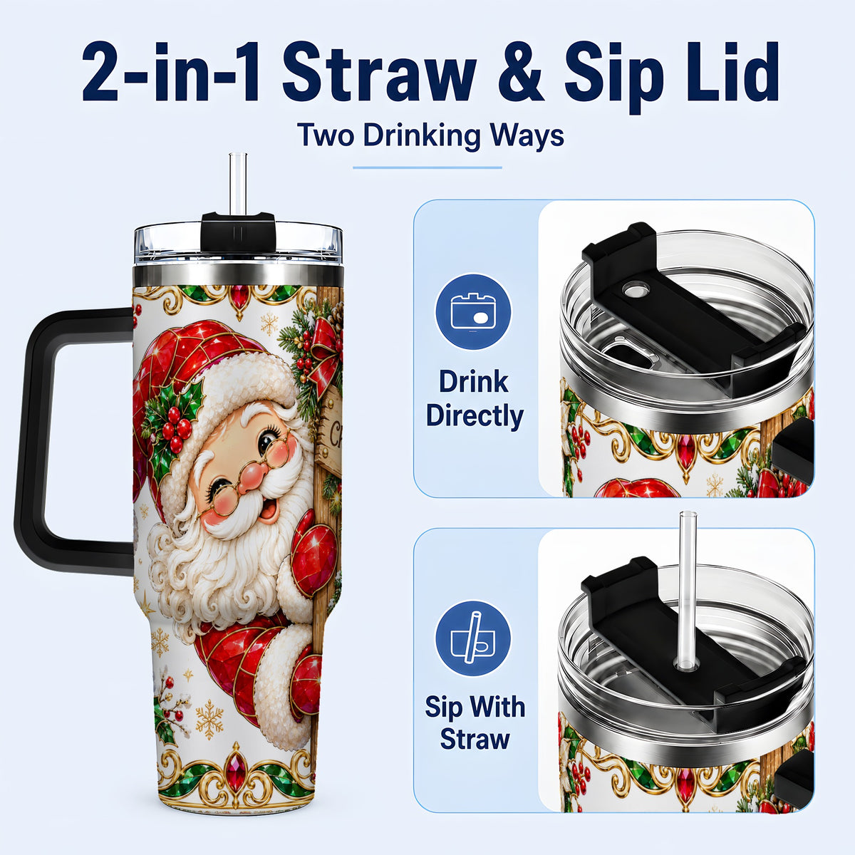 #pl[40oz|Black] Peeking Santa 40oz Tumbler with Handle, Christmas Stainless Steel Cup