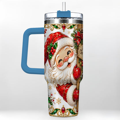 #pl[40oz|Blue] Peeking Santa 40oz Tumbler with Handle, Christmas Stainless Steel Cup
