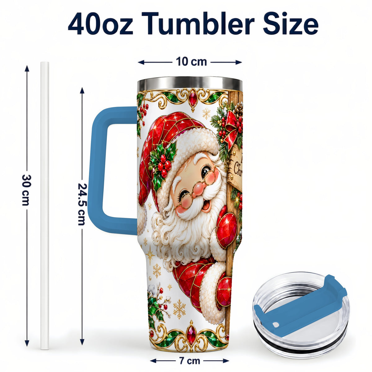 #pl[40oz|Blue] Peeking Santa 40oz Tumbler with Handle, Christmas Stainless Steel Cup
